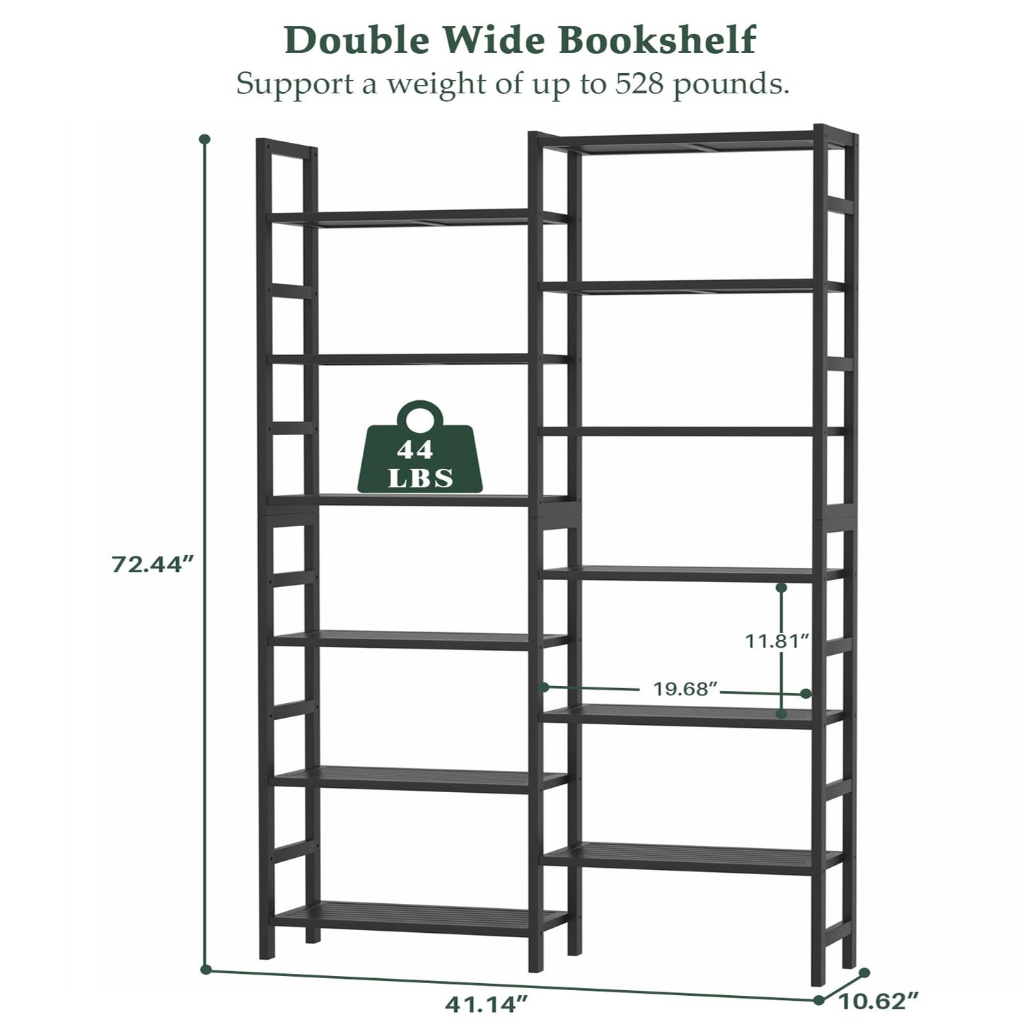 Homykic Double Wide Bamboo Bookshelf Black, 6-Tier Large Open Bookcase with 12 Display Shelves, 6ft Tall Freestanding Book Shelf for Home Office, Bedroom, Living Room, Plants