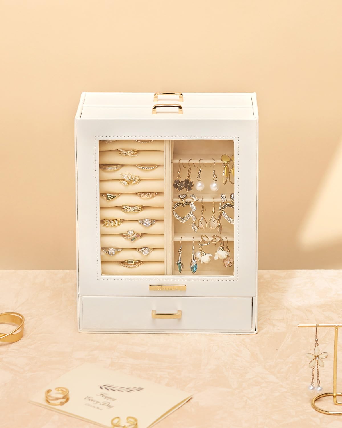 Homde Jewelry Organizer Girls Women Jewelry Box for Necklaces Rings Earrings Gift Bracelets Storage Case (White + Gold)