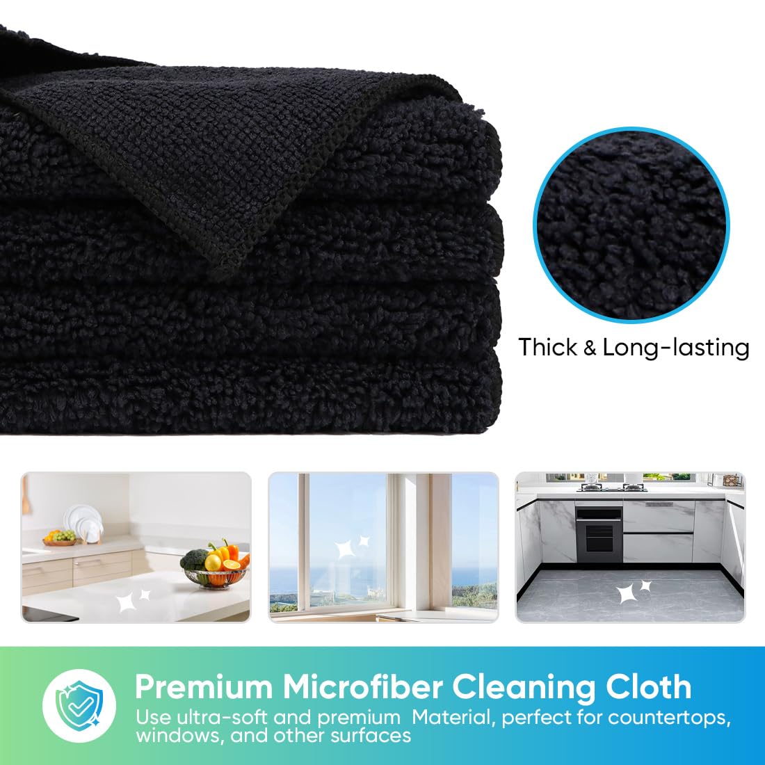 HOMEXCEL Black Microfiber Cleaning Cloth, 12 Pack Premium Microfiber Towels for Cars, Lint Free, Scratch-Free, Highly Absorbent, Reusable Cleaning Rags for Car, Household, Kitchen, Window, 11.5"X11.5"