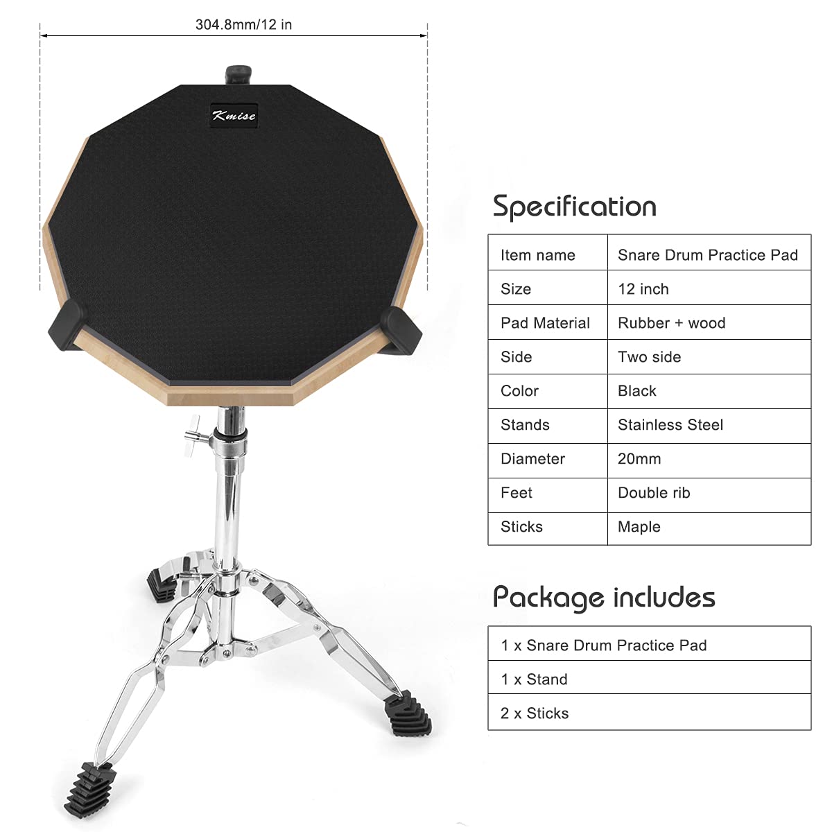 Horse Practice Drum Pad, 12 Inch Double Sided Exercise Drumming Pads Kit Set, Adjustable Height 23-31 Inch Snare Drum Stand Devices, Drum Sticks Drumsticks for Professional Beginner Adult Drummer