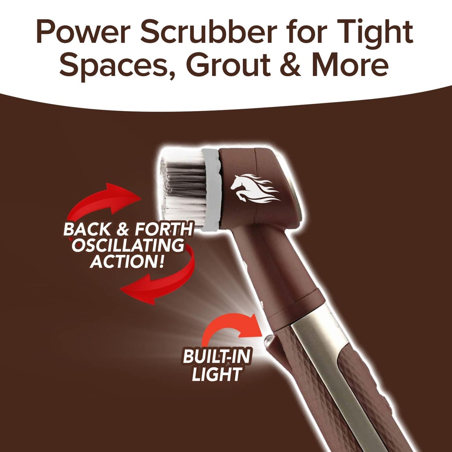 Horsepower Pocket Pony, AS-SEEN-ON-TV, Waterproof, Cordless, Pocket-Sized, Oscillating Power Scrubber, Deep Clean, Tight Spaces, Rechargeable, Grout Lines, Corners & Detailing, 5 Brush Heads & LED