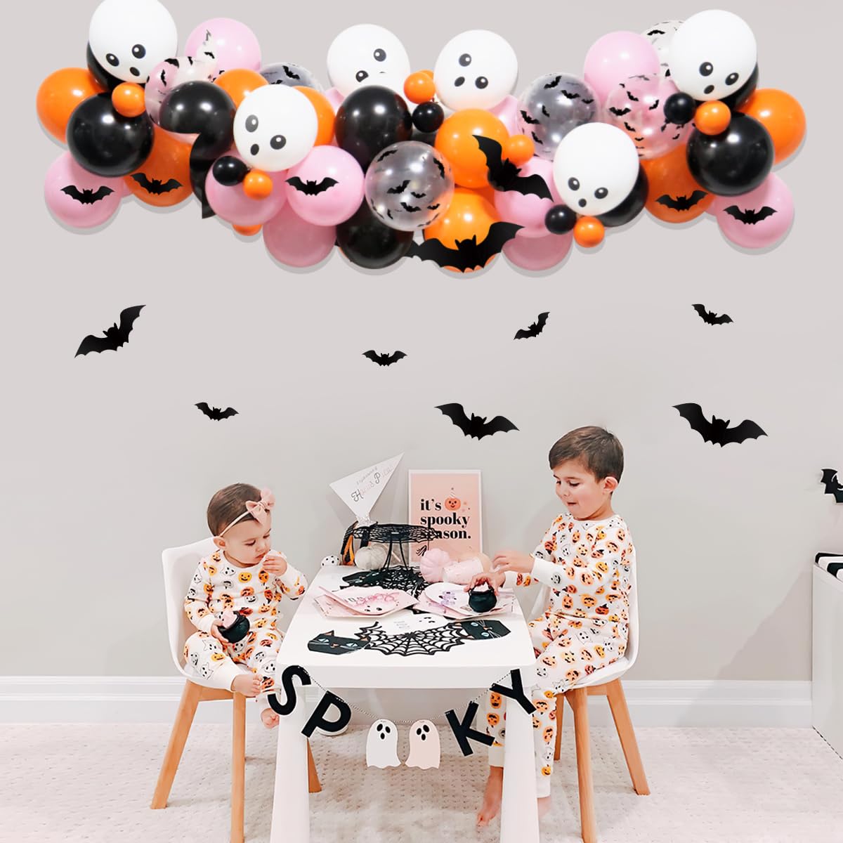 100Pcs Girls Halloween Balloons Arch Garland Kit, Pink Black Orange Halloween Balloons Arch Skull Balloons Bats Stickers for Halloween Theme Baby Shower Birthday Halloween Spooky Party Decorations