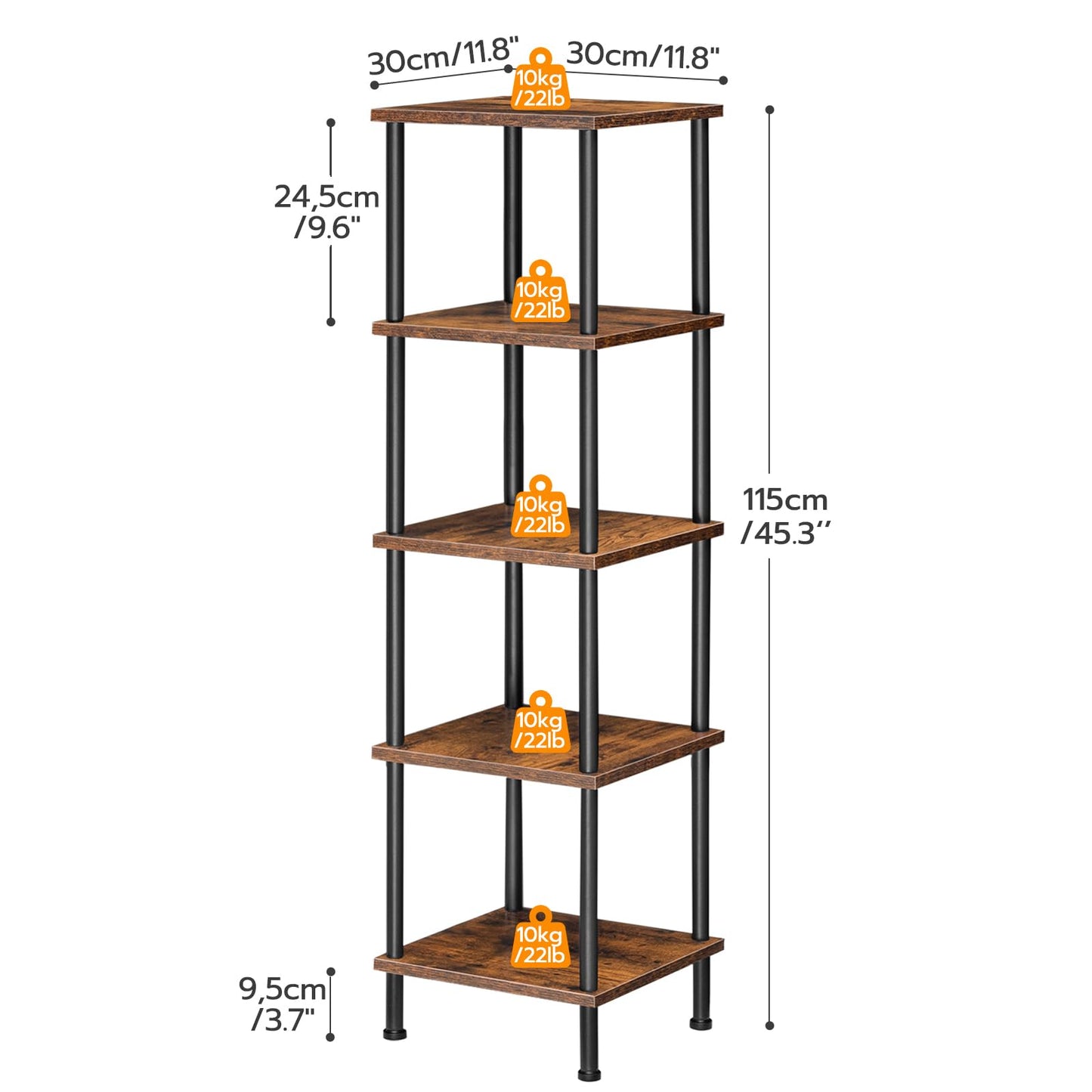 HOOBRO 5-Tier Corner Shelf Stand, Corner Square Rack Display Shelf, Tall Storage Plant Stand, Bookcase for Small Spaces, Living Room, Home Office, Kitchen, Rustic Brown and Black BF50CJ01