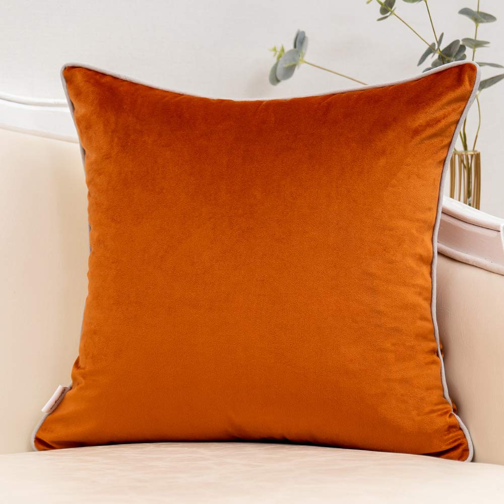 Yangest Burnt Orange Patchwork Velvet Throw Pillow Cover with Gold Striped Leather Cushion Case Modern Luxury Pillowcase for Sofa Couch Bedroom Living Room Home Decor,18"x18"