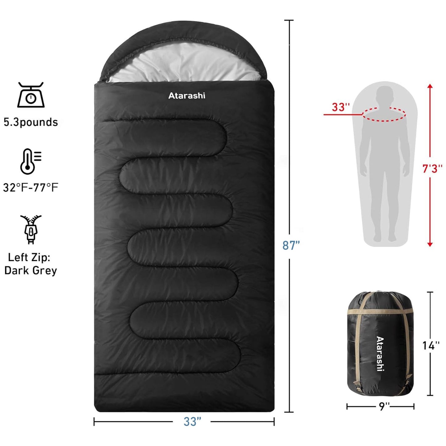 Atarashi Camping Sleeping Bag- 4 Seasons for Adults, Light, Warm, Extra-Large with Compression Sack- Great for Hiking, Backpacking & Outdoor Adventures