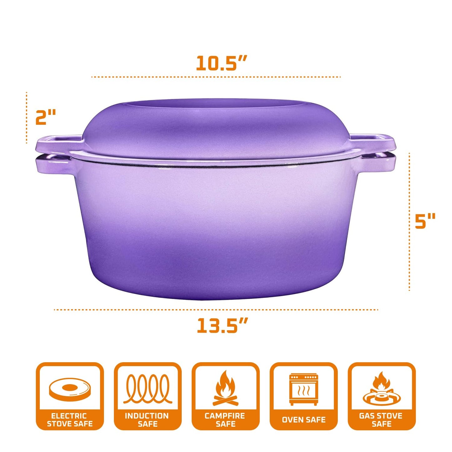Bruntmor 2-in-1 Enamel Cast Iron Dutch Oven with Handles - Crock Pot Purple Cast Iron Pot with Skillet lid - All-in-One Cookware Braising Pan for Casserole Dish - 5 Quart, Purple