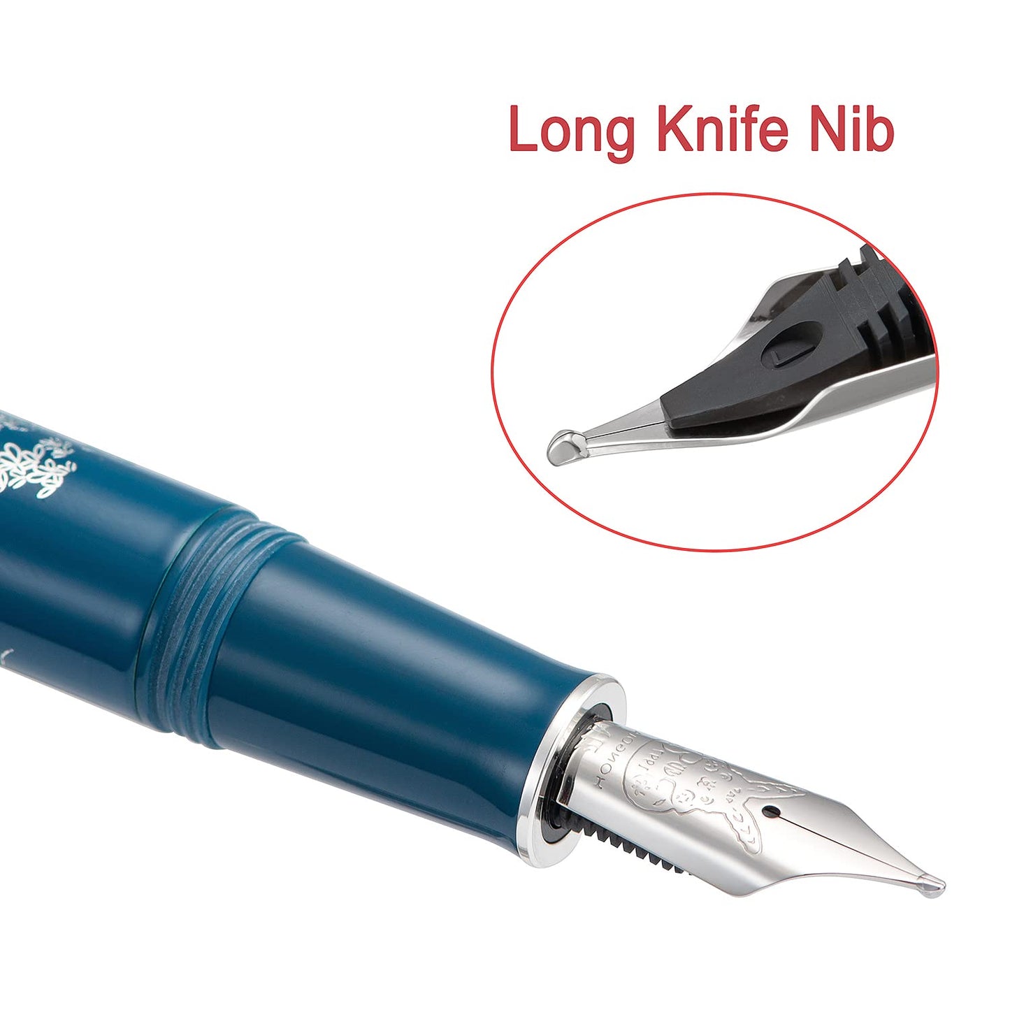 Hongdian N23 Blue Rabbit Fountain Pen, Long Blade Medium Nib Silver Trim, New Year Lucky Rabbit Carving Design, Smooth Writing Pen with Converter and Metal Pen Box Set