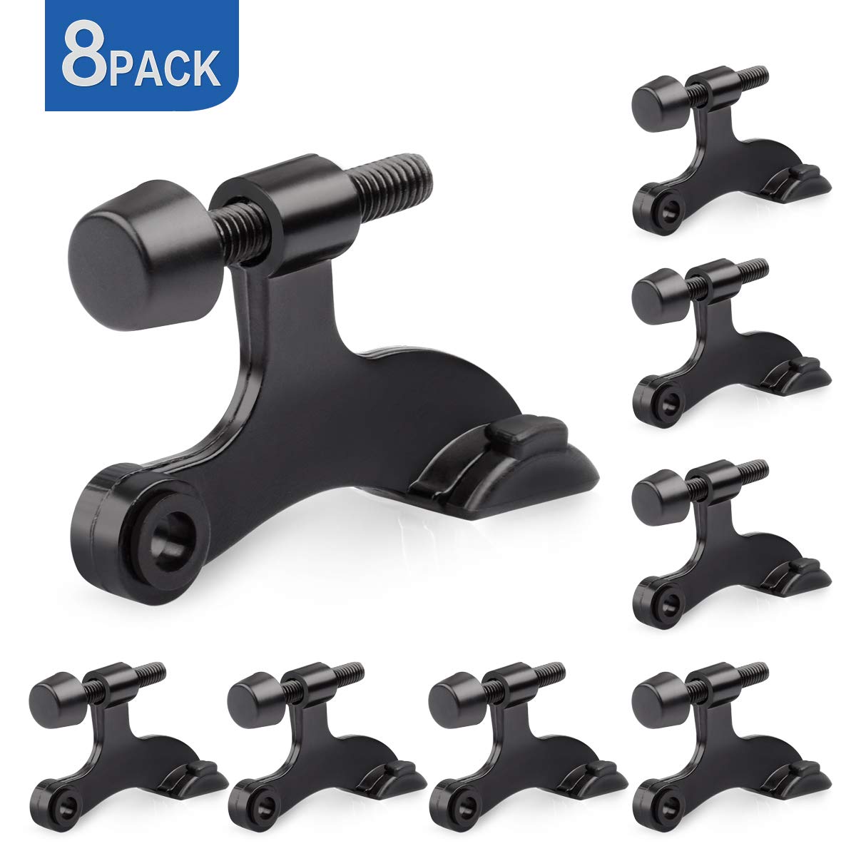 HOMOTEK 8 Pack Hinge Pin Black Door Stopper,Adjustable Deluxe Heavy Duty Door Stopper 2-1/2"x1-3/4”,with Black Rubber Bumper Tips