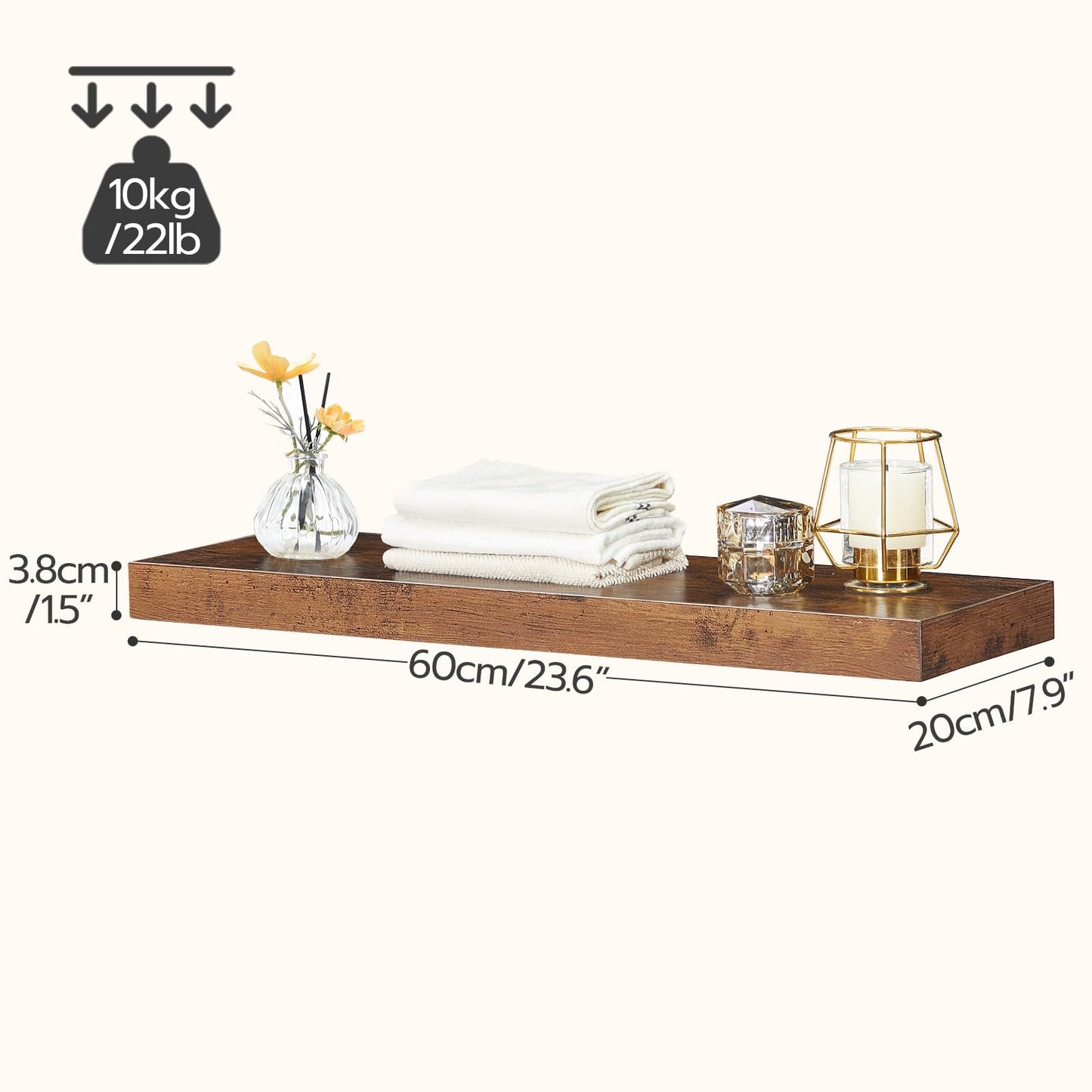 HOOBRO Floating Shelves for Wall, Wall Mounted Shelf Set of 2, 23.6" Hanging Shelf with Invisible Brackets, for Wall in Bathroom, Bedroom, Toilet, Kitchen, Living Room, Office, Rustic Brown BF60BJ01