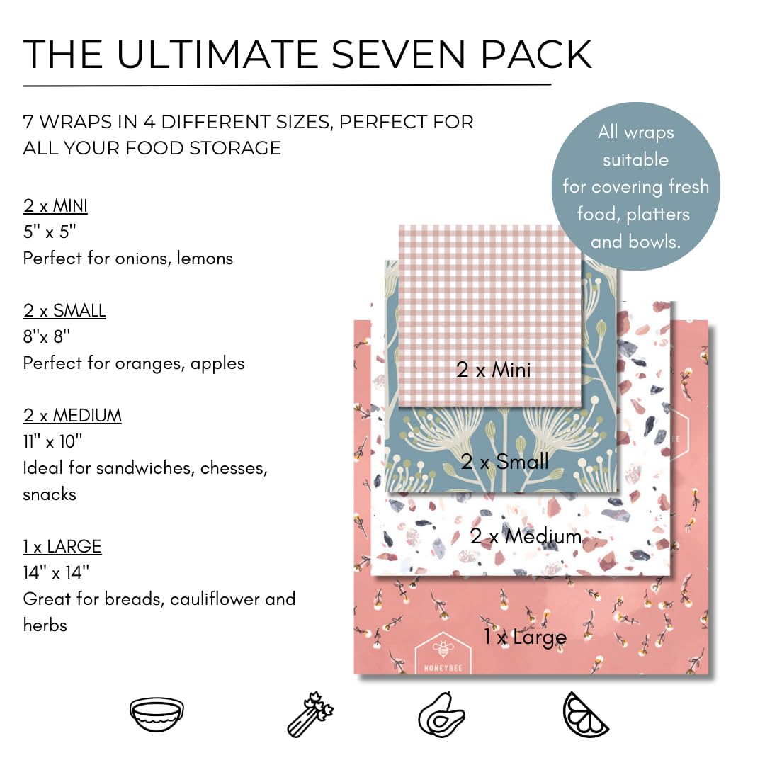Honeybee Wrap Reusable Beeswax Wraps for Food | 7 Pack | Eco Friendly, Organic, Biodegradable, Plastic Free, Bee's Wrap Bowl Covers and Food Storage | Cling Wrap Alternative