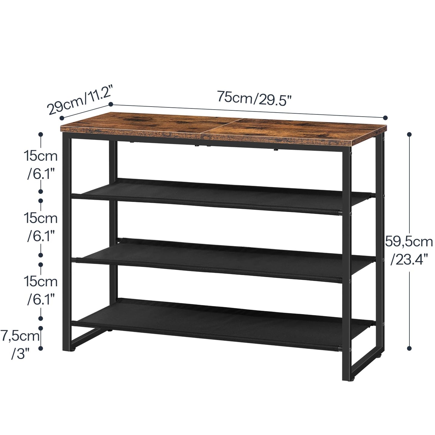 HOOBRO Shoe Rack, 4 Tier Shoe Storage Organizer with 3 Oxford Fabric Shelves and Top Panel, Holds 12-16 Pairs of Shoes for Entryway and Closet, Industrial, Rustic Brown BF47XJ01G1