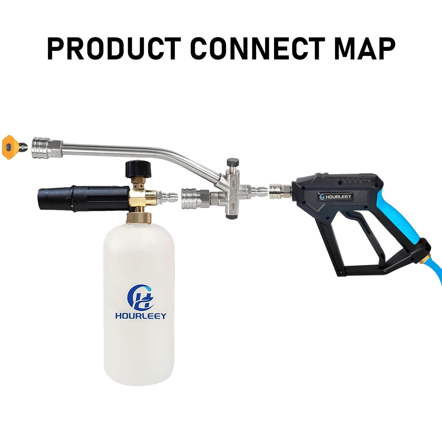 Hourleey Foam Cannon Dual-Connector Accessory, Pressure Washer Double Tip Attachment for Soap Cannon with 5 Power Washer Sprayer Nozzles, 1/4" Quick Connect, 4000 PSI
