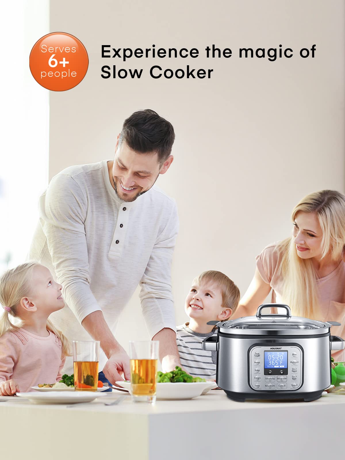 HOUSNAT Slow Cooker, 10 in 1 Programmable Pressure Cooker, 304 Stainless Steel Rice Cookers, Yogurt Maker, 6 QT Sous Vide, Delay Start, Adjustable Temp& Digital Time for Large Families or Entertaining