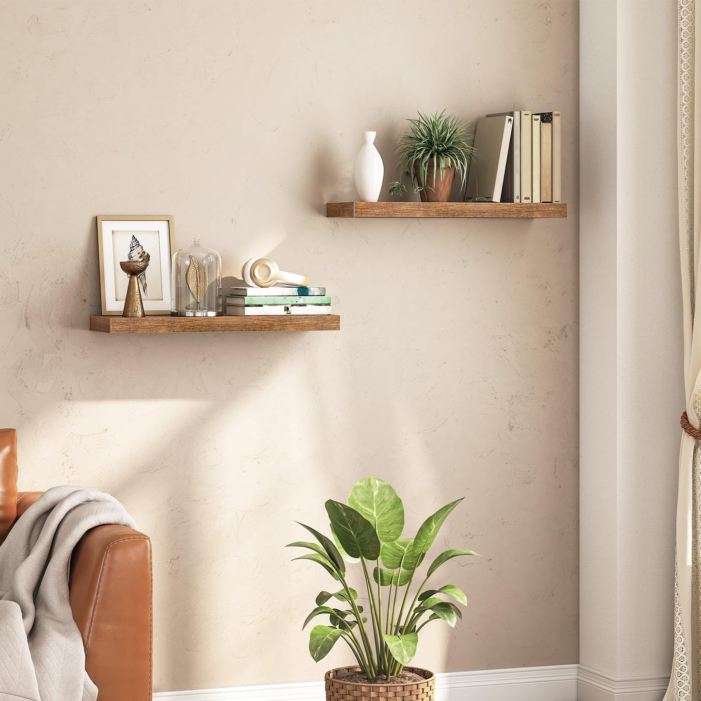 HOOBRO Floating Shelves for Wall, Wall Mounted Shelf Set of 2, 23.6" Hanging Shelf with Invisible Brackets, for Wall in Bathroom, Bedroom, Toilet, Kitchen, Living Room, Office, Rustic Brown BF60BJ01