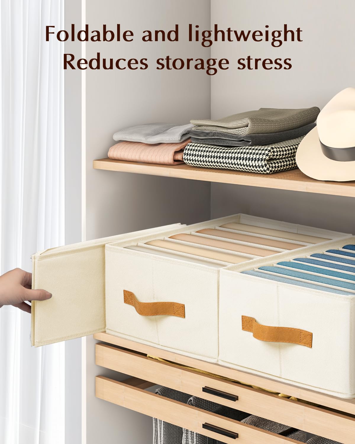 Homsorout Clothes Organizers and Storage - 4/5/7 Grids Fabric Jeans Organizer with Handles, Foldable Closet Organizers Dividers, Wardrobe organizer for Pant, Sweater, T-shirt, Scarf, 6 Pack, Beige