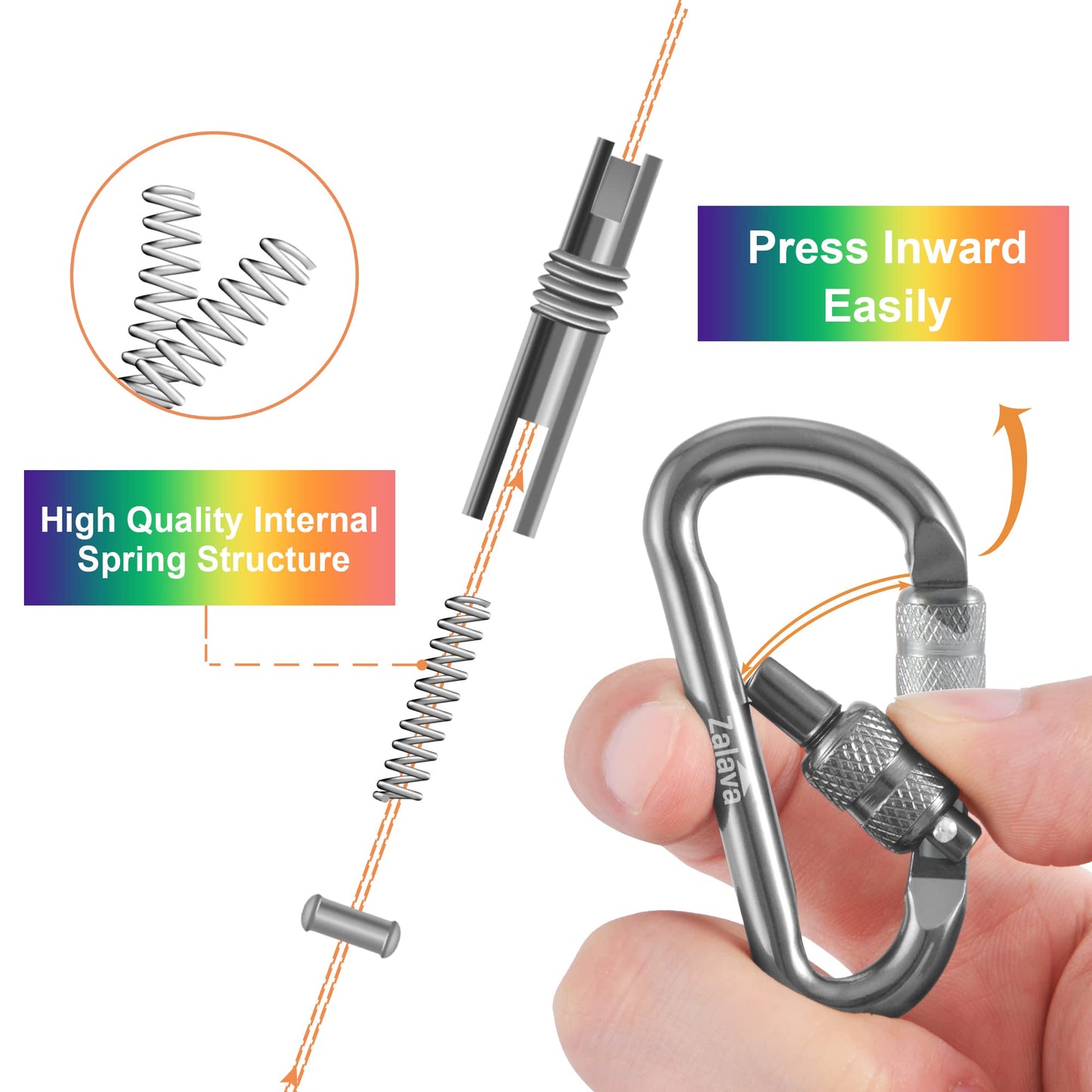 Zalava 6pcs 2โD-Clip Durable Locking Carabiner Keychain Clip with Hook