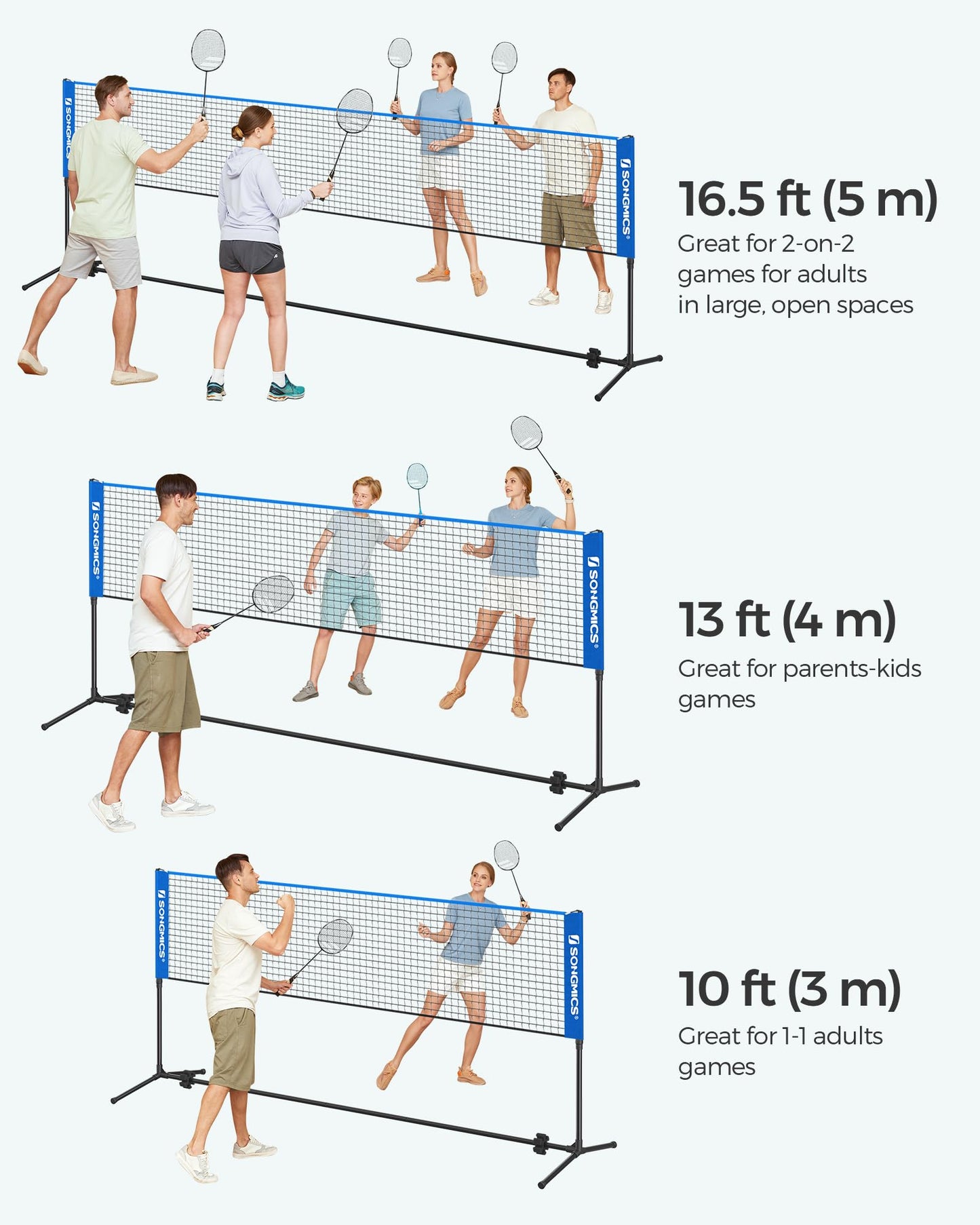 SONGMICS 13 ft Badminton Net, Height Adjustable Volleyball Net, Pickleball Net with Poles, Foldable Nylon Net for Tennis Indoor Outdoor Court, Blue Black USYQ400