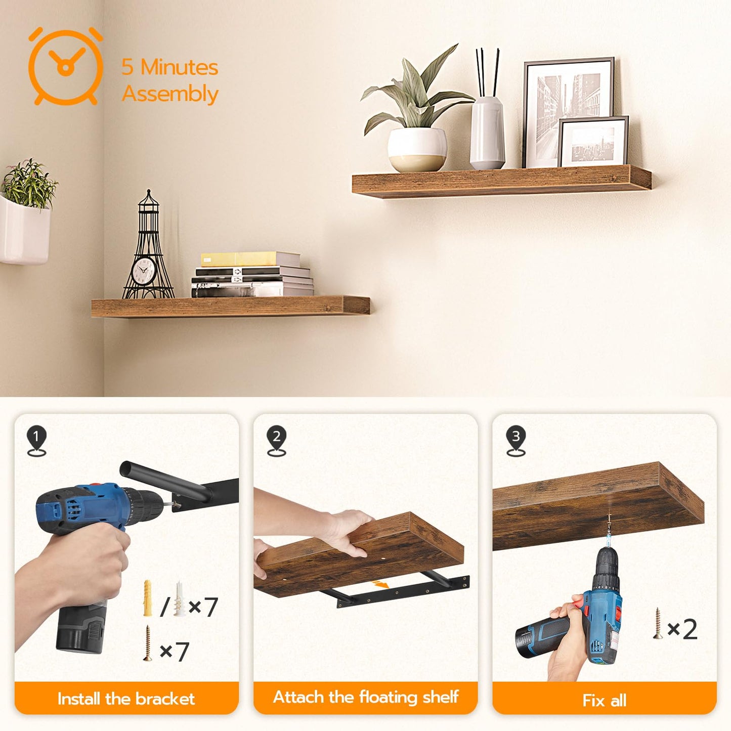 HOOBRO Floating Shelves for Wall, Wall Mounted Shelf Set of 2, 23.6" Hanging Shelf with Invisible Brackets, for Wall in Bathroom, Bedroom, Toilet, Kitchen, Living Room, Office, Rustic Brown BF60BJ01