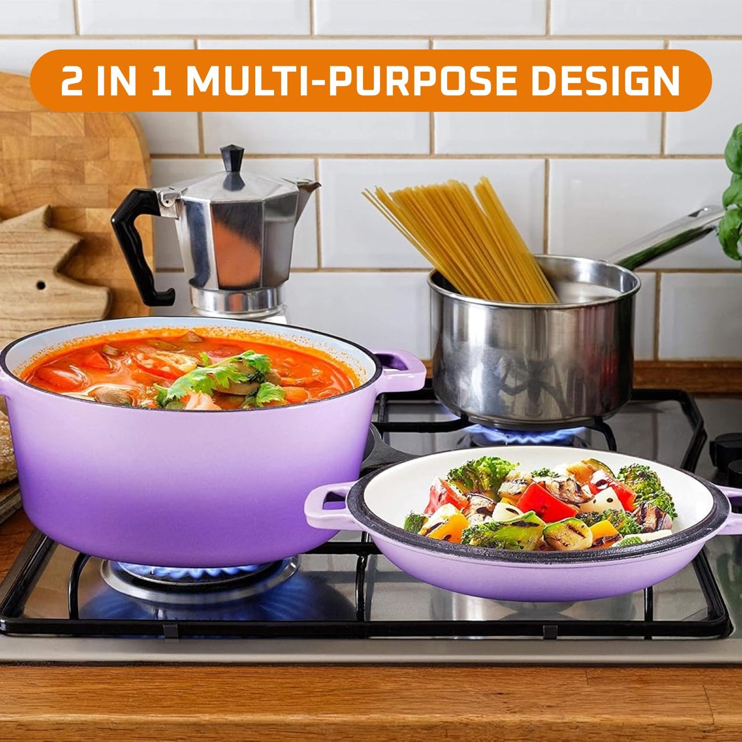 Bruntmor 2-in-1 Enamel Cast Iron Dutch Oven with Handles - Crock Pot Purple Cast Iron Pot with Skillet lid - All-in-One Cookware Braising Pan for Casserole Dish - 5 Quart, Purple