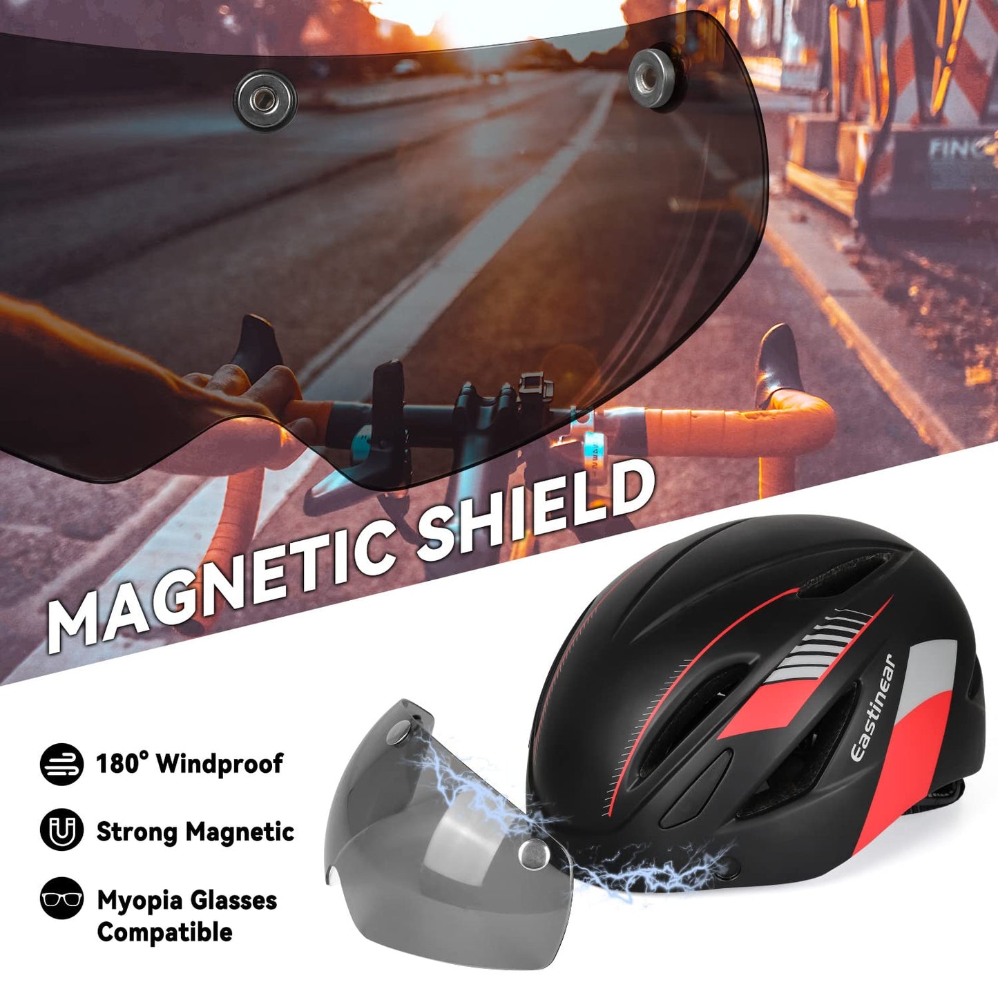 EASTINEAR Adults Bike Helmet Magnetic Goggle Cycling Helmet with USB Rechargeable Taillight for Men Women Mountain & Road Bicycle Helmet Magnetic Shield Size M/L (Black Red)