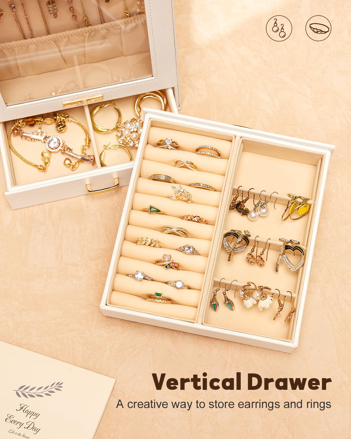 Homde Jewelry Organizer Girls Women Jewelry Box for Necklaces Rings Earrings Gift Bracelets Storage Case (White + Gold)