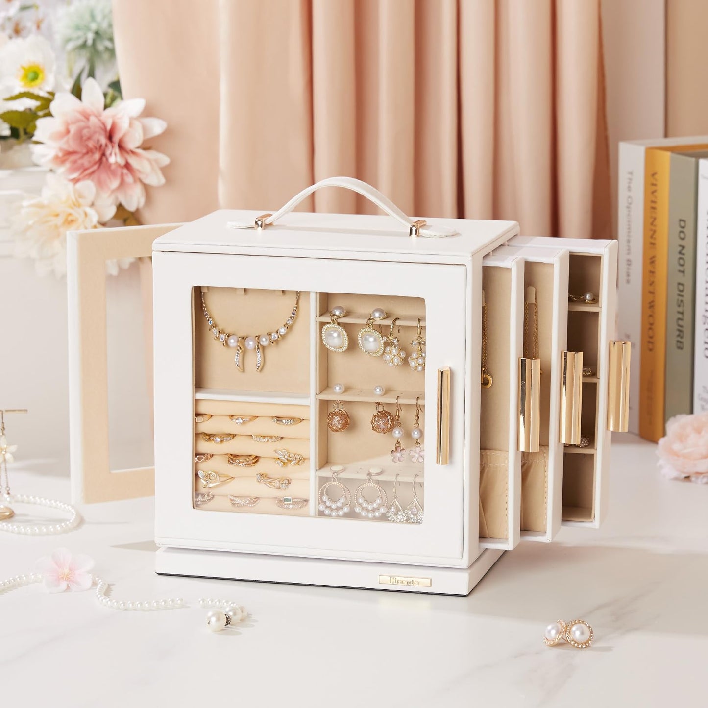 Homde Jewelry Box 360° Rotating, Necklace Earring Organizer with Transparent Window, Mirror, 7 Drawers, Large Ring Display Storage Case for Girls Women (White)