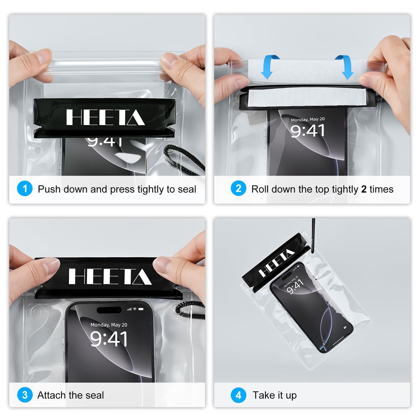 HEETA 5-Pack Clear Waterproof Dry Bag Pouch, Water Tight Cases Dry Bags Document Holder for Camera Mobile Phone Maps, Kayaking Boating (Black)