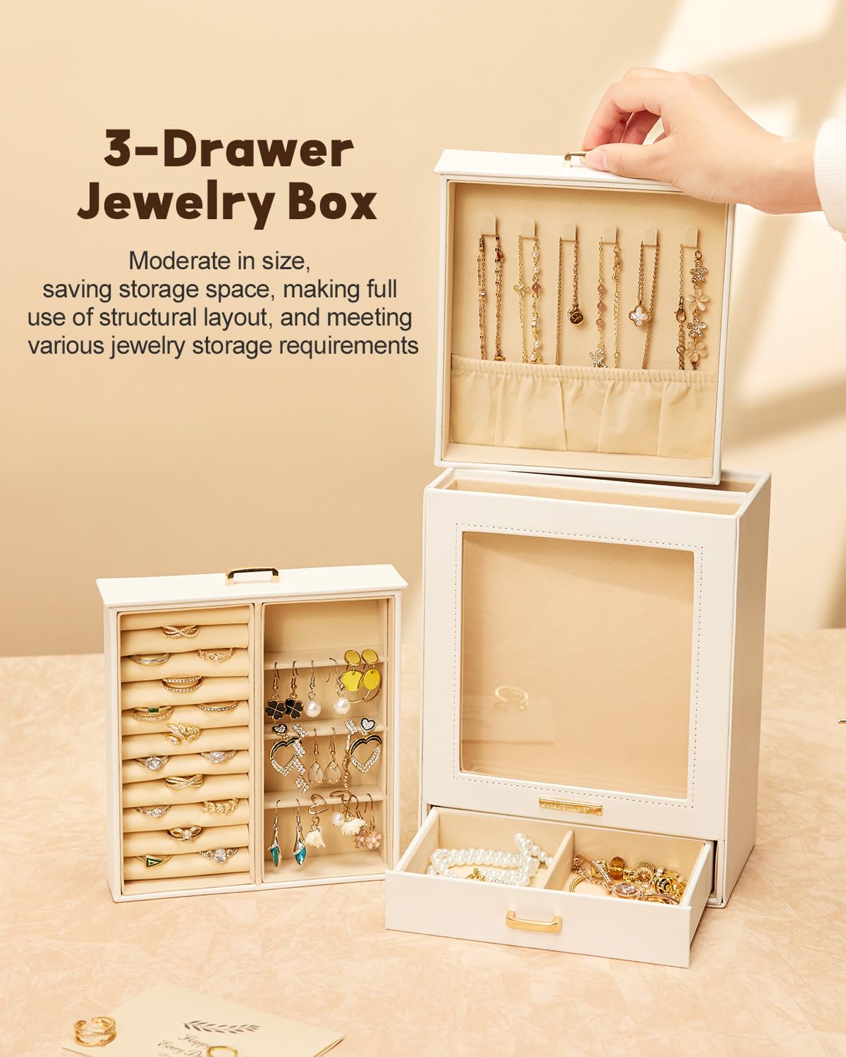 Homde Jewelry Organizer Girls Women Jewelry Box for Necklaces Rings Earrings Gift Bracelets Storage Case (White + Gold)