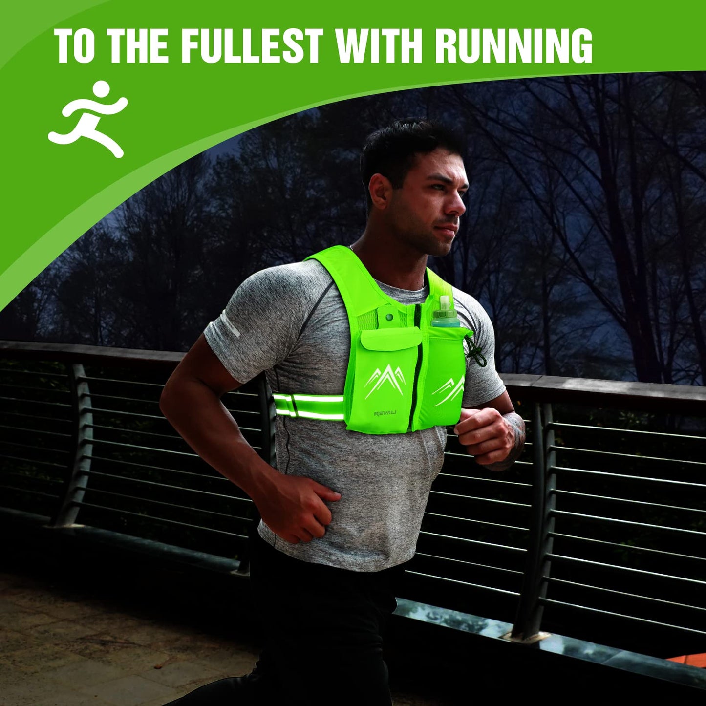 REVALI Running Vest, USA Original Patent, Zip Reflective Running Vests with 500ml Hydration Bottle, Adjustable Waistband & Breathable Material, Chest Pack Gear Phone Holder for Running, Men & Women