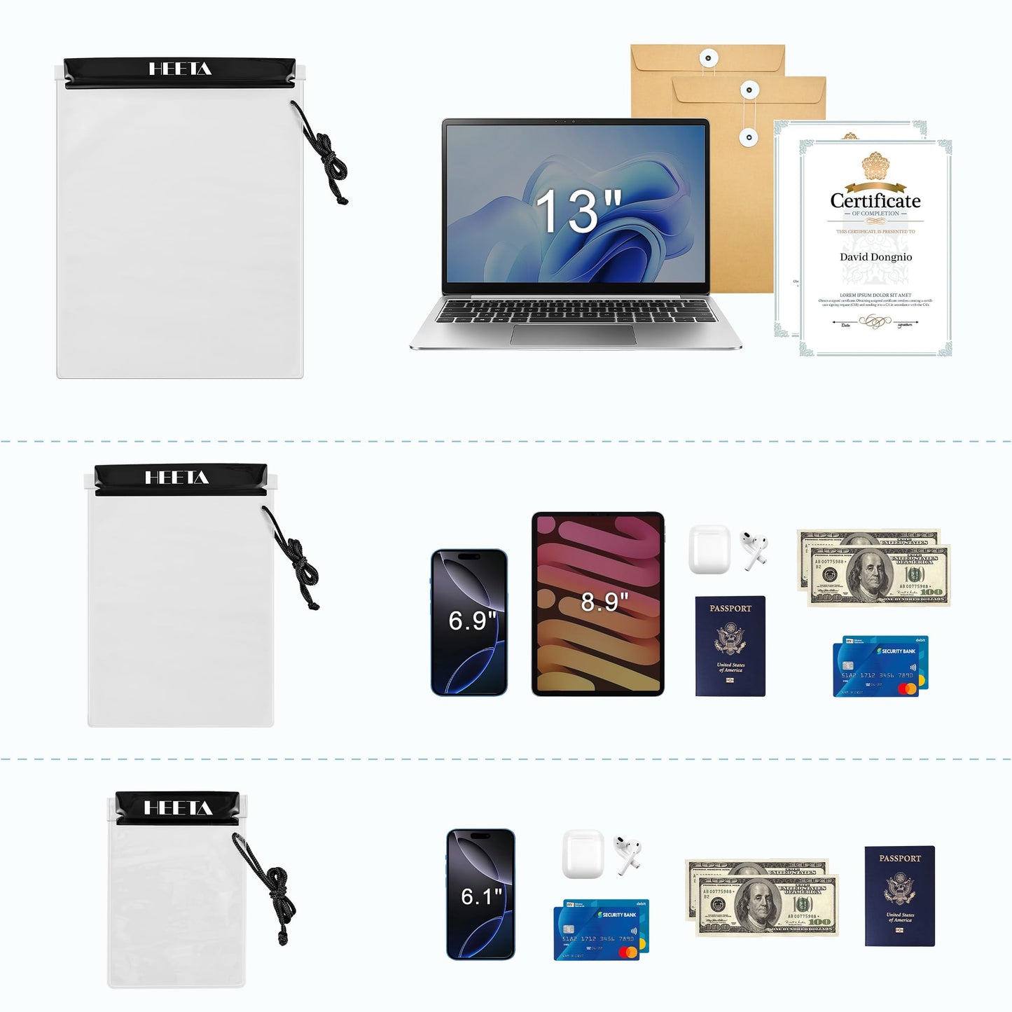 HEETA 5-Pack Clear Waterproof Dry Bag Pouch, Water Tight Cases Dry Bags Document Holder for Camera Mobile Phone Maps, Kayaking Boating (Black)