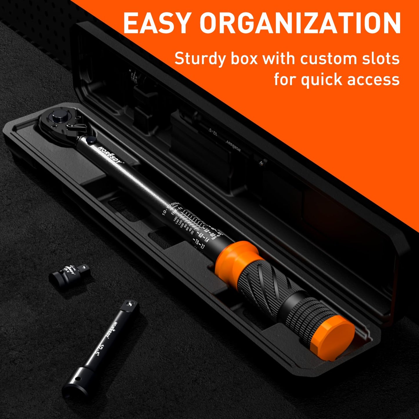 HORUSDY 1/2-Inch Drive Click Torque Wrench Set – 10–170 ft-lb / 13.6–230.5 Nm, ±3% Precision, Dual Scale, 72-Tooth Reversible Head with 5" Extension & Adapter for Car, Tire, and Motorcycle Use