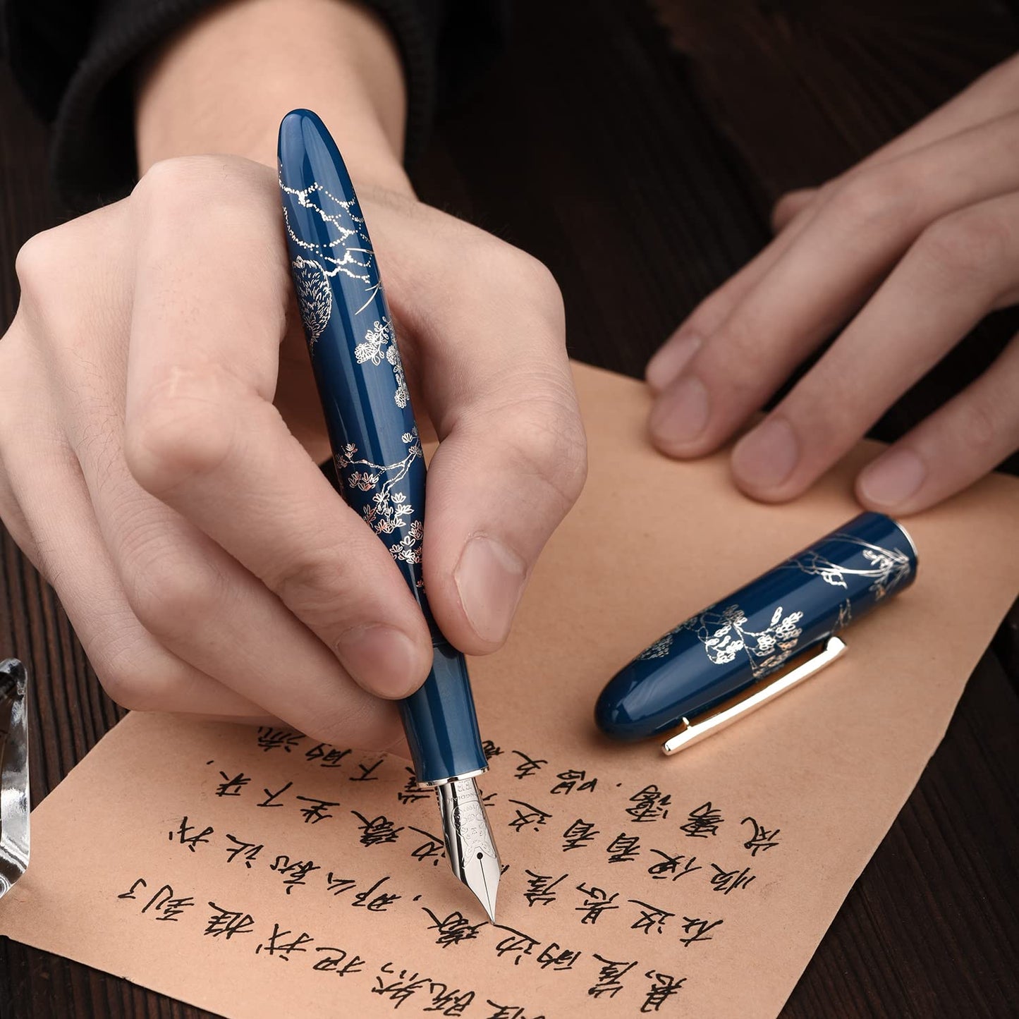 Hongdian N23 Blue Rabbit Fountain Pen, Long Blade Medium Nib Silver Trim, New Year Lucky Rabbit Carving Design, Smooth Writing Pen with Converter and Metal Pen Box Set