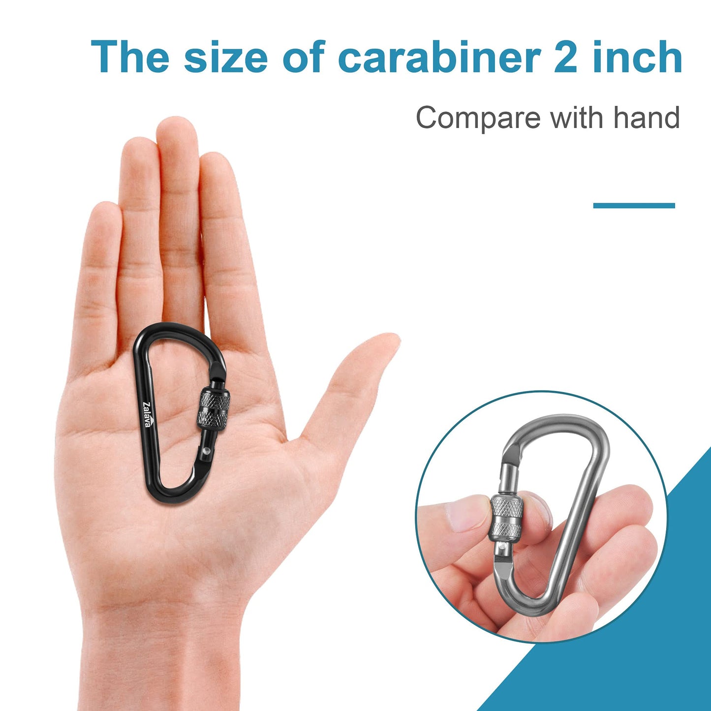 Zalava 6pcs 2โD-Clip Durable Locking Carabiner Keychain Clip with Hook