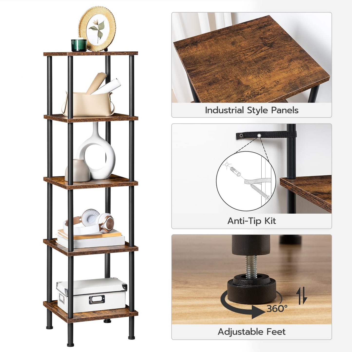 HOOBRO 5-Tier Corner Shelf Stand, Corner Square Rack Display Shelf, Tall Storage Plant Stand, Bookcase for Small Spaces, Living Room, Home Office, Kitchen, Rustic Brown and Black BF50CJ01