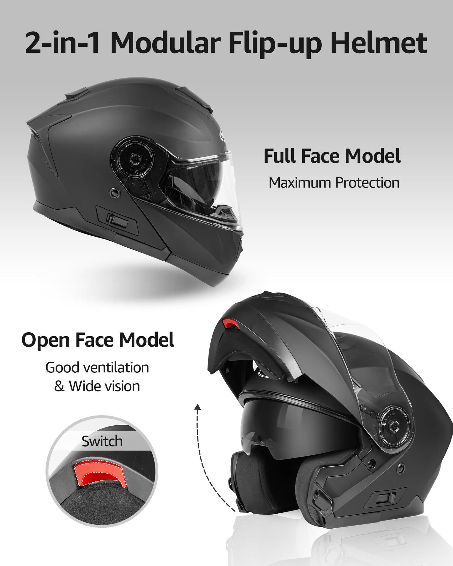 YEMA Modular Motorcycle Helmets, DOT Approved Full Face Motorcycle Helmet with Flip Up Dual Visor, Helmets for Adults Men Women Helmets for Street Scooter ATV E-Bike - YM-926 (Matte Black, XXL)