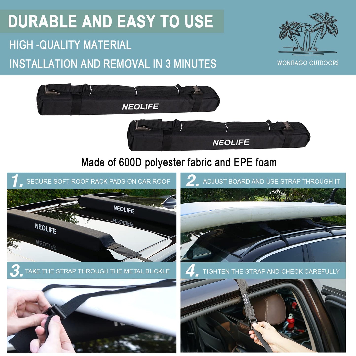 WONITAGO Soft Roof Rack Pads with Single Wrap-Rax Straps for Surfboard, SUP Paddleboard, Snowboard, 28 inch (Pair) Black