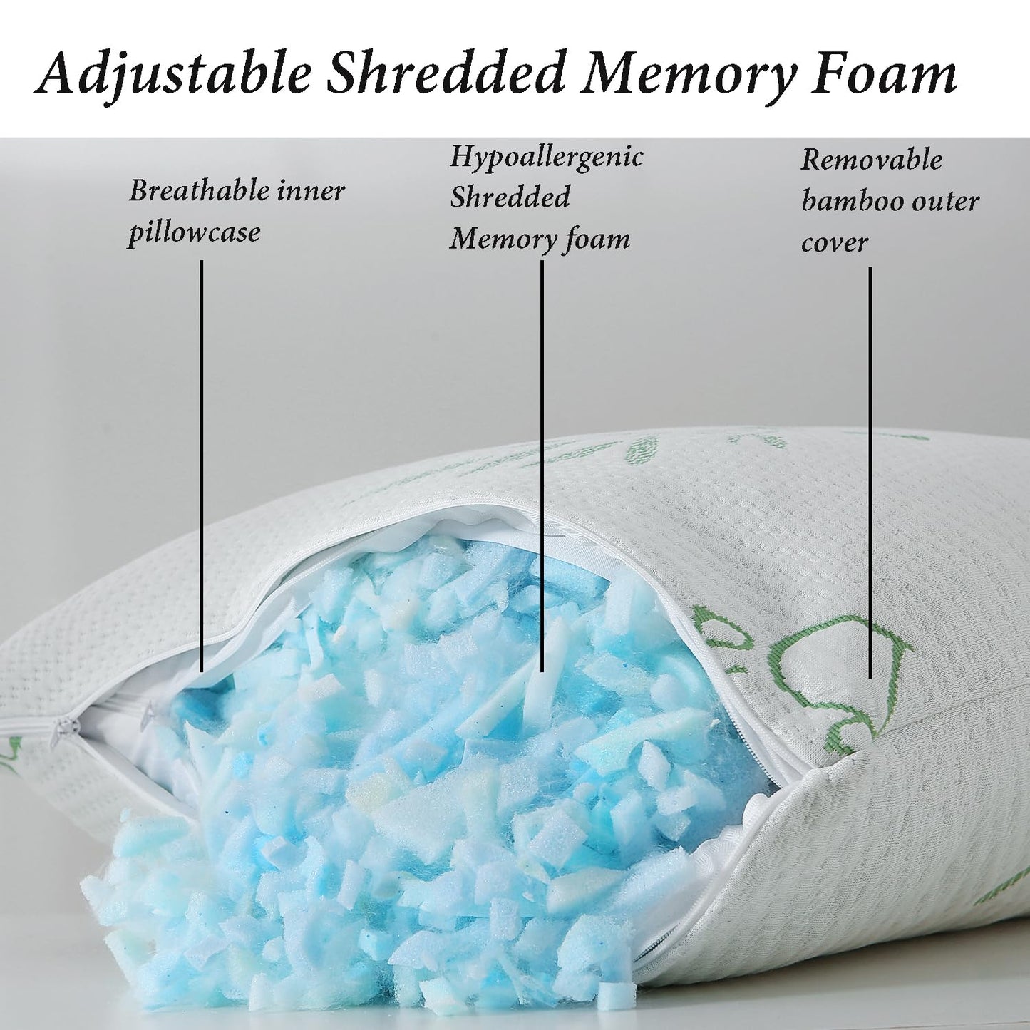 HOXXME Shredded Memory Foam Pillows for Sleeping, Cooling Zippered Breathable Memory Foam Bed Pillow 2 Pack, Queen Size Firm Pillow Gel for Neck Support, Hotel Quality Bed Rest Pillow Set of 2