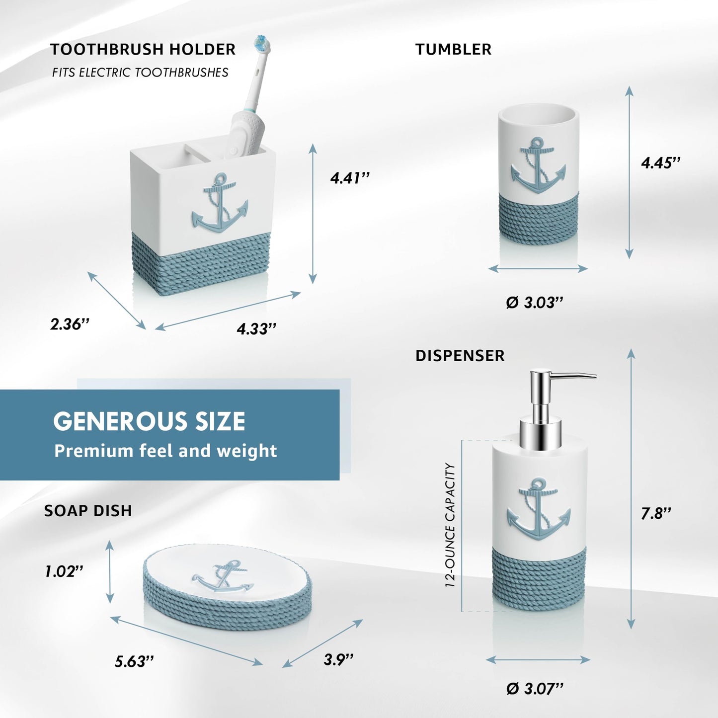 TideAndTales Luxury Nautical Bathroom Accessories Set (4 Piece) Rope and Anchor Beach Bathroom Decor with Ocean and Sea Theme Design, Countertop Coastal Soap Dispenser Set