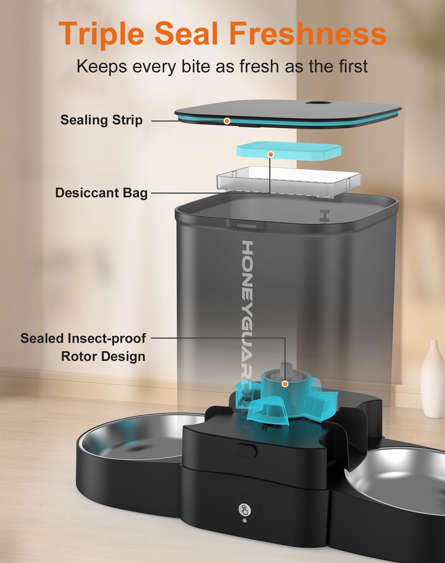 HoneyGuaridan Automatic Cat Feeder for Two Cats, 5G WiFi Smart Feed Pet Feeder with Stainless Steel Bowl,APP Control Dispenser, Dual Power Supply,Desiccant Bag,10s Meal Call Black