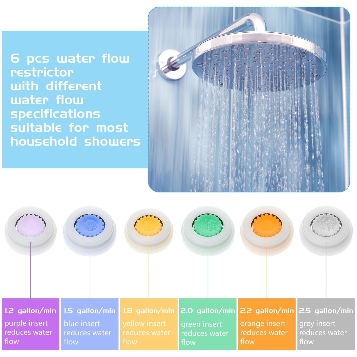 Honoson 7 Pcs Shower Flow Reducer Limiter Set 1/2 Inch Restrictor Control Valve for Fixed Handheld and Shower Head 1.2/1.5/1.8/2/ 2.2/2.5 Gpm