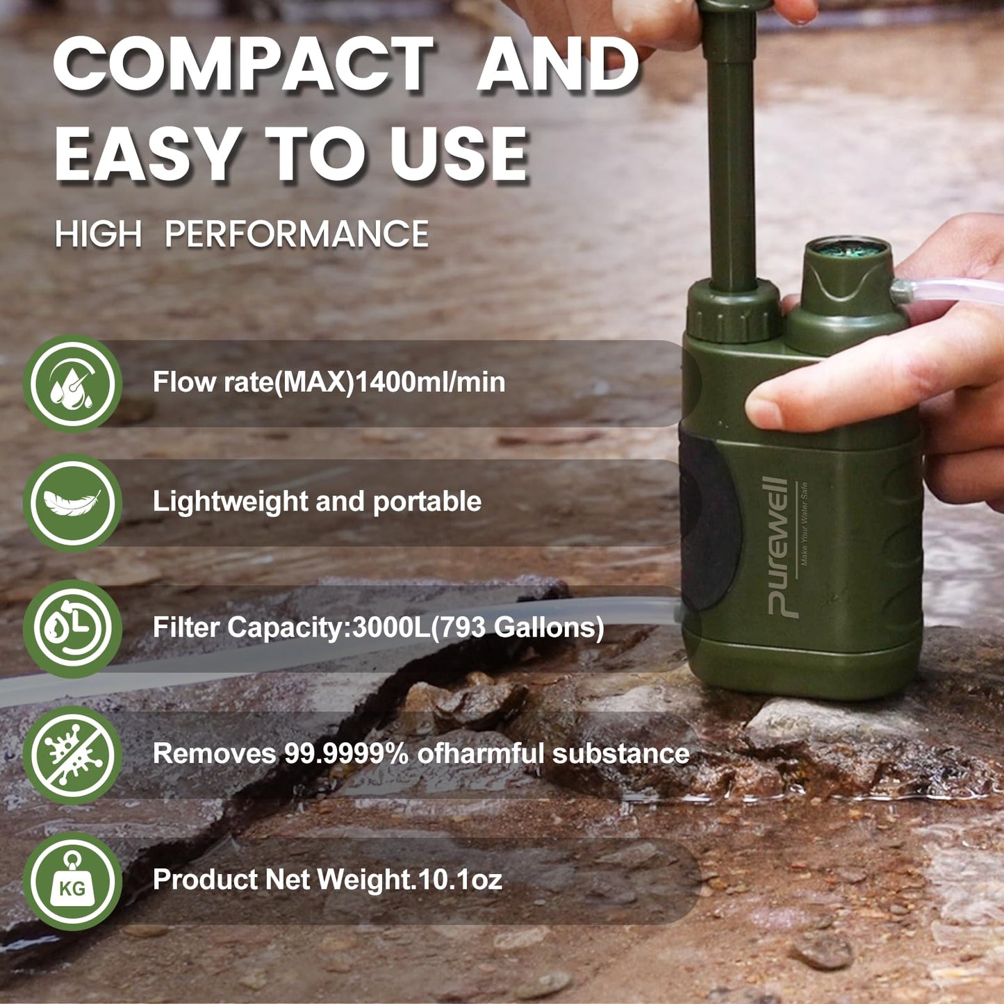 Purewell Water Hand Purifier Pump with Replaceable Carbon 0.01 Micron Water Filter, 4 Filter Stages, Portable Outdoor Emergency and Survival Gear - Camping, Hiking, Backpacking