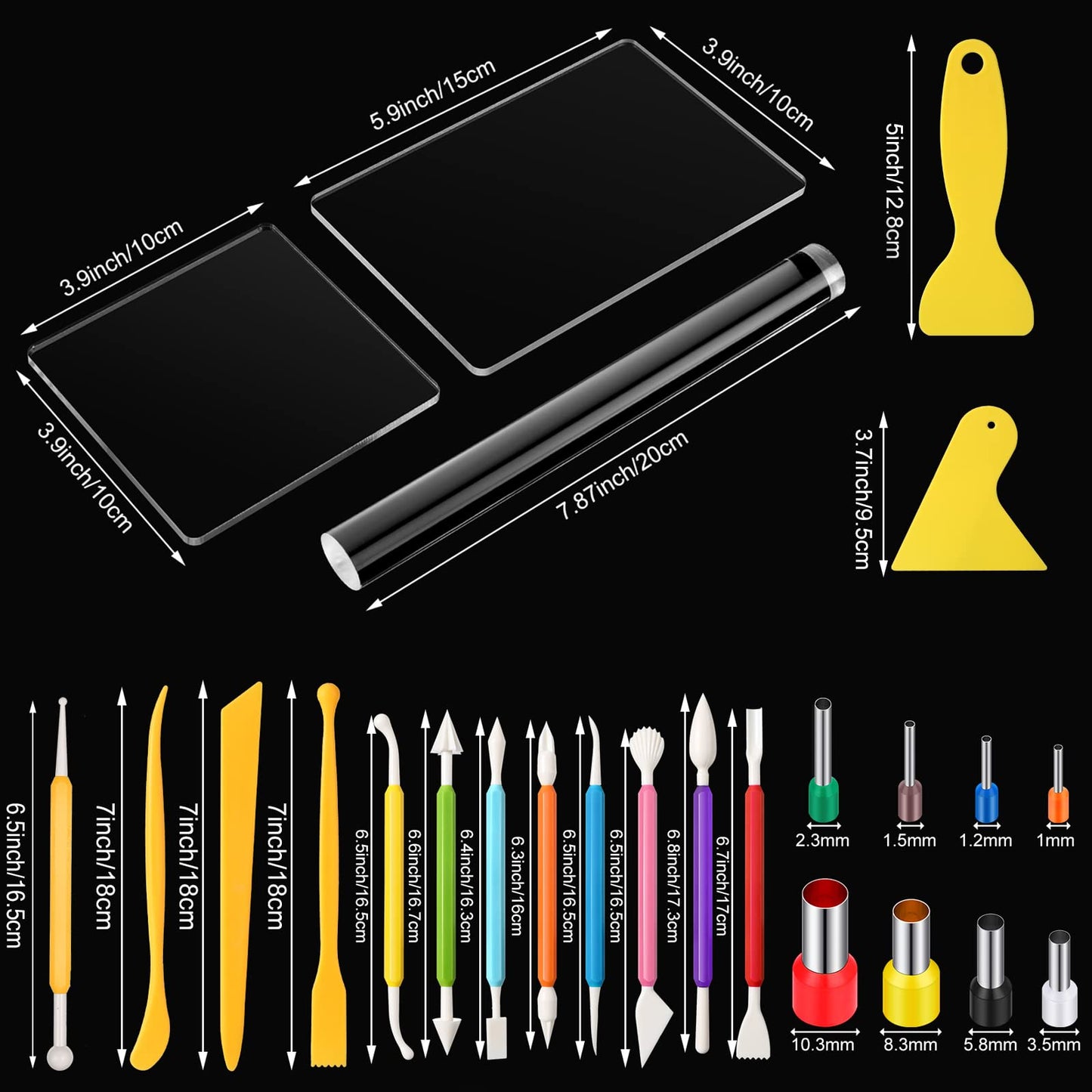Honoson 57 Pcs Polymer Clay Cutters Tools Set Acrylic Clay Rolling Pin Roller Machine Acrylic Sheet Plastic Scraper Backing Board Stainless Steel Round Circle Shape Cutter for DIY Craft Ceramics