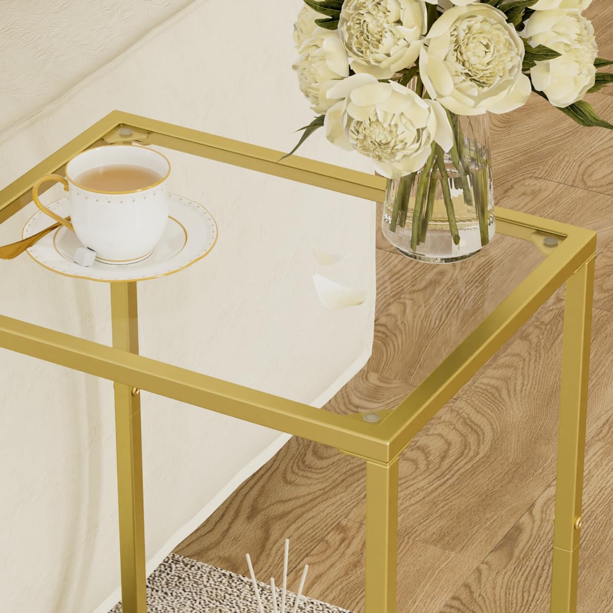 HOMSHO Side Tables Set of 2, End Tables with Tempered Glass, 2-Tier Nightstands with Storage Shelves, Coffee Table with Modern Style, Slim Sofa Table for Living Room, Bedroom, 11.8" D x 15" W, Golden