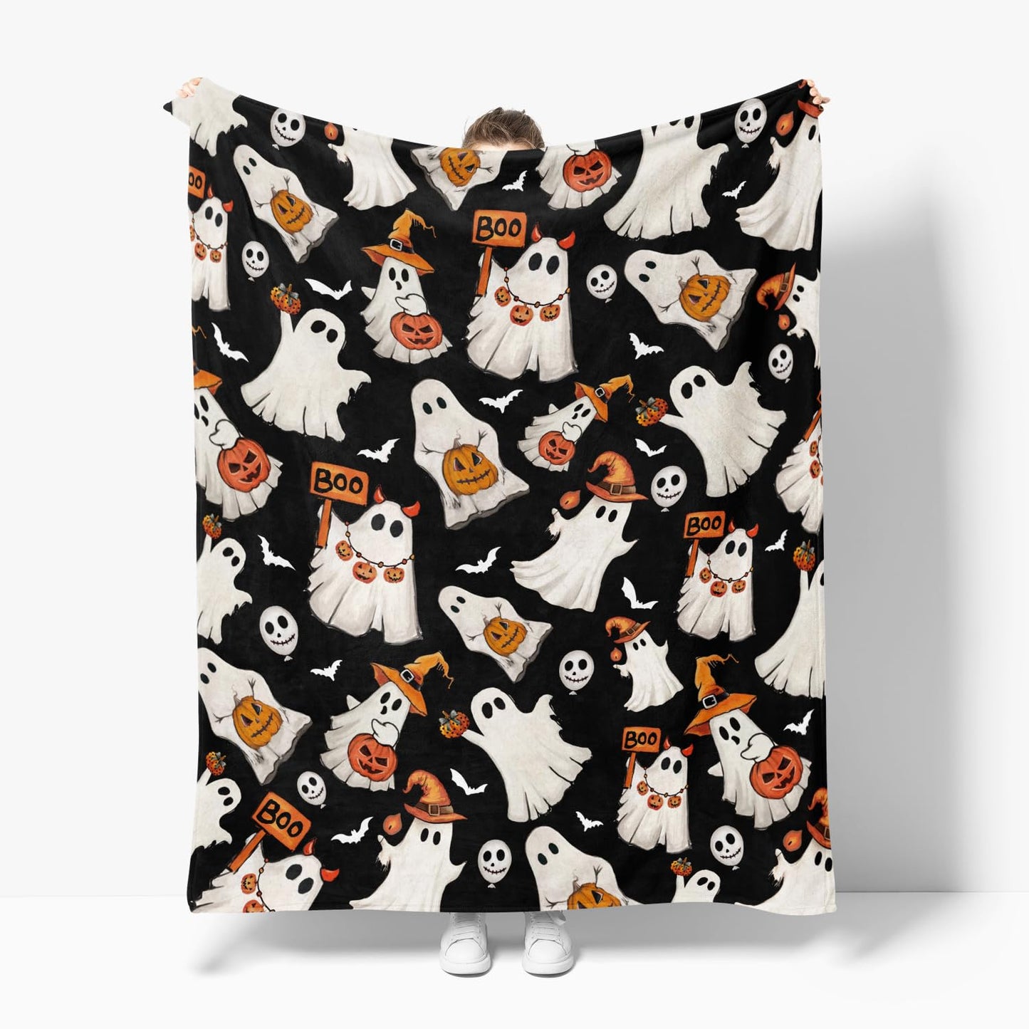Horaldaily Halloween Flannel Blanket Throw, Ghost Boo Jack-O-Lantern Pumpkin Skulls Soft Fuzzy Plush Cozy Fleece Blankets for Couch Sofa Bed Lounging, Ideal Gifts for Kids Adults Wife Self, 50x60