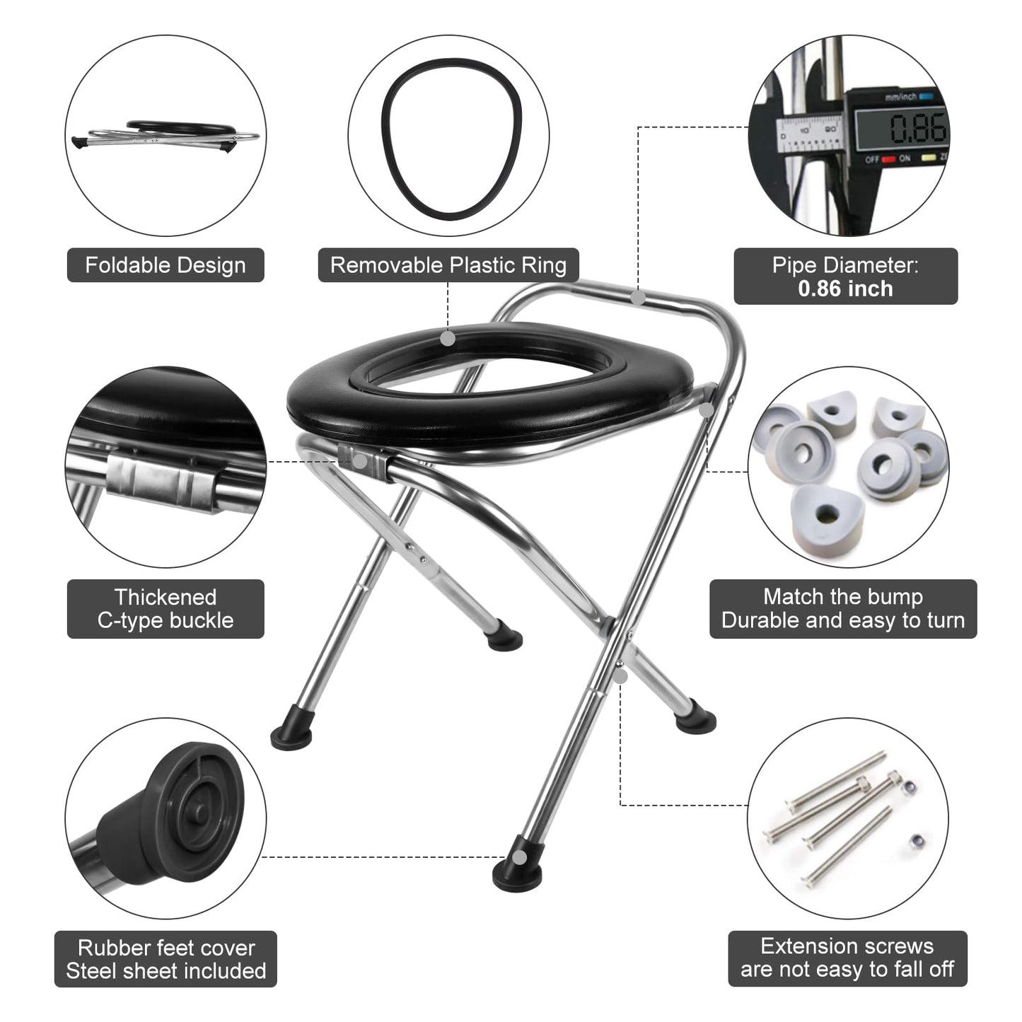 BLIKA Portable Toilet for Camping, 350LBS Stainless Steel Foldable Camp Travel Toilet with Soft Seat for Adults, Portable Potty for Camping, RV Travel, Road Trips