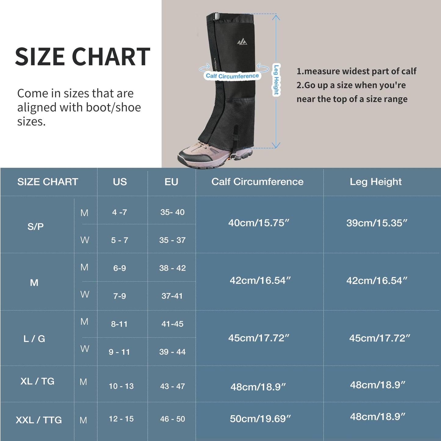 Unigear Snow Leg Gaiters for Men Women, Waterproof Boot Gaiters for Hiking Walking Climbing Hunting Skiing 1000D Fabric (Grey,Medium)