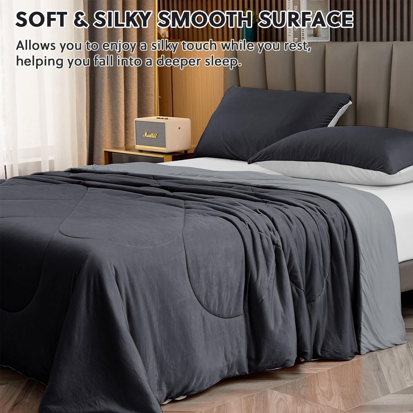 HOMFINE Cooling Comforter Japanese Double-Sided Cold Tech Fabric Cooling Blanket for Night Sweats Hot Sleepers, Q-Max 0.45 Soft Breathable Silky Smooth Lightweight Black Summer Comforter Queen
