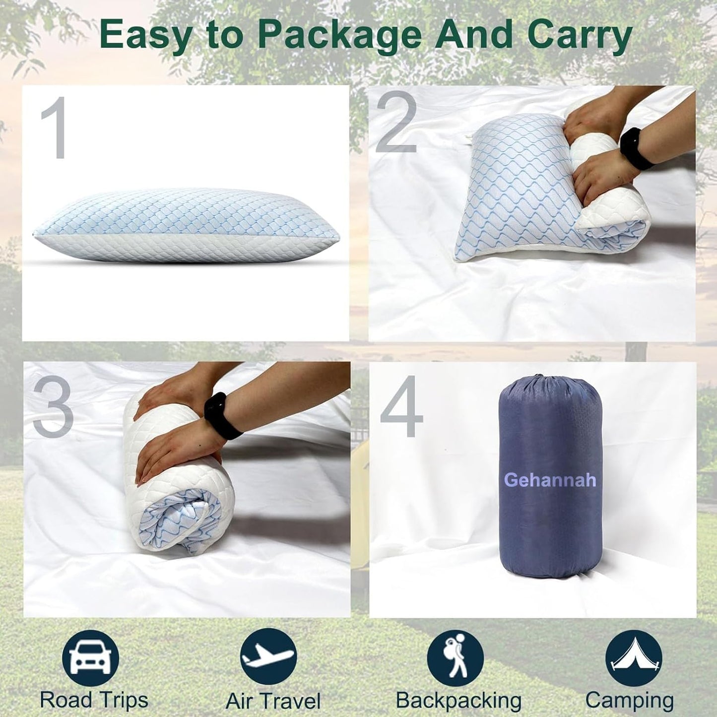 Gehannah Travel Pillow - Large 1 Pack Compressible Camping Pillow for Sleeping - Shredded Memory Foam with 2 Storage Bags - Supportive for Adults, Kids, Outdoor, Backpacking, Hiking Gear