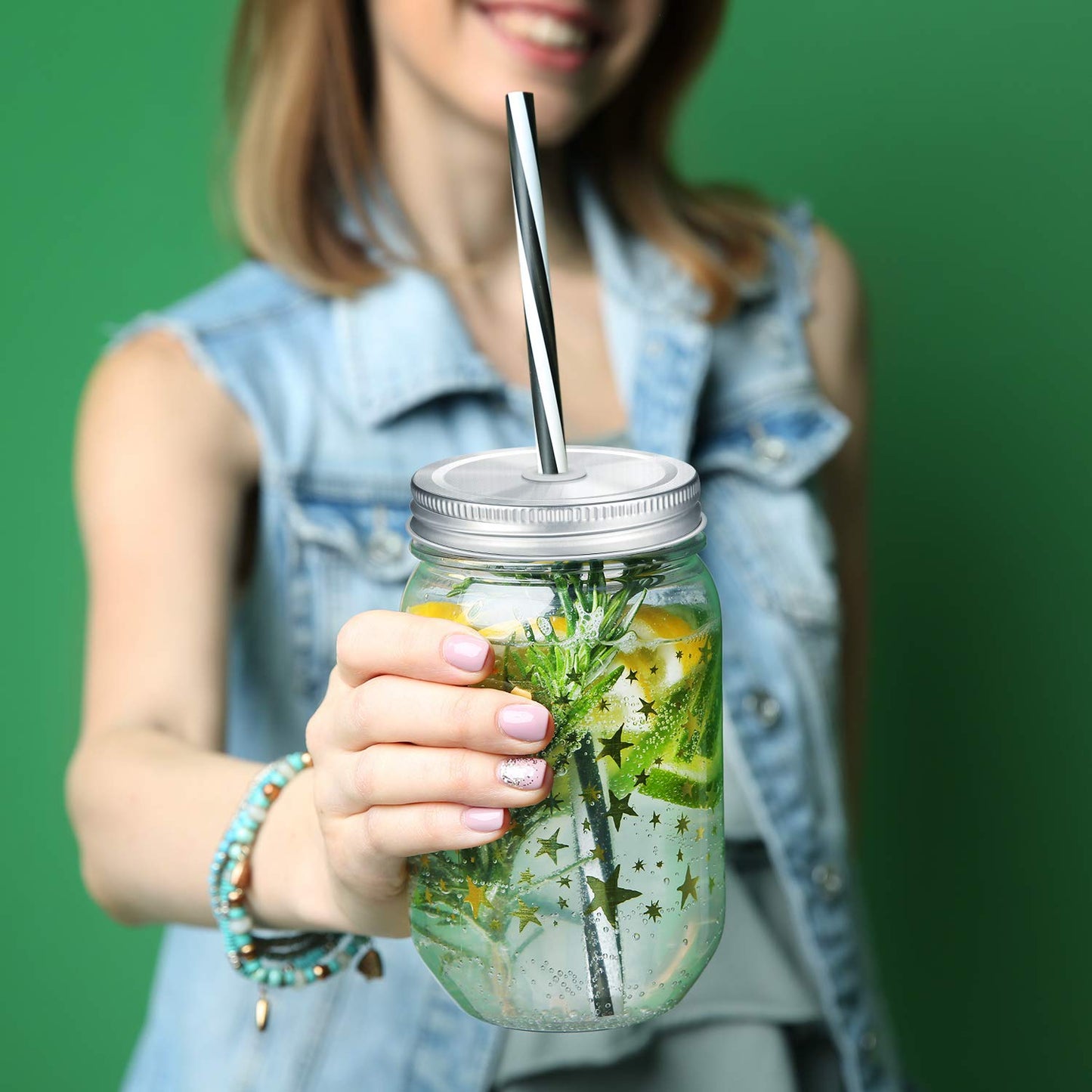 Honoson 20 Pcs Regular Mouth Mason Jar Straw Lids 2.7 Inch Metal Stainless Steel Mason Jar Drinking Lids with Straw Hole Leak Proof for Baby Shower DIY Gift(Silver)