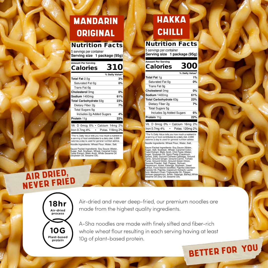 A-Sha Healthy Asian Instant Noodles with Sauce Pack | Pantry Variety Bundle | Vegan, Air Dried, High Protein | Great For Ramen, Stir Fry, Wok | 2 Flavors, 20 Packs